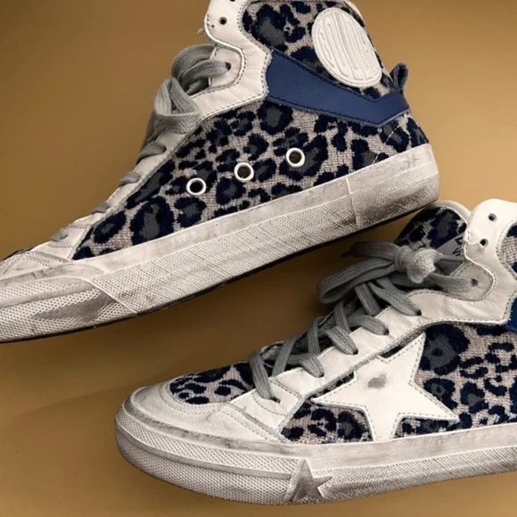 Golden Goose 2.12 High Top Sneakers Blue Velvet Leopard sz 38 - Picture 6 of 16